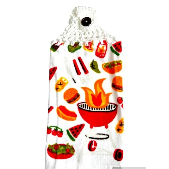 HAND CRAFTED Crocheted Top Colorful Summer BBQ Theme Hanging Kitchen Hand Towel - Picture 3 of 6
